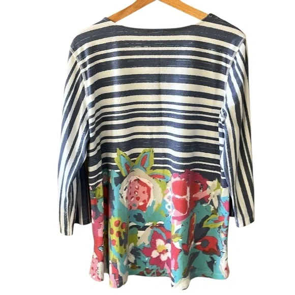 Ali Miles Sz L Muted Blue Striped Floral Split Collar 3/4 Sleeve - Picture 5 of 6